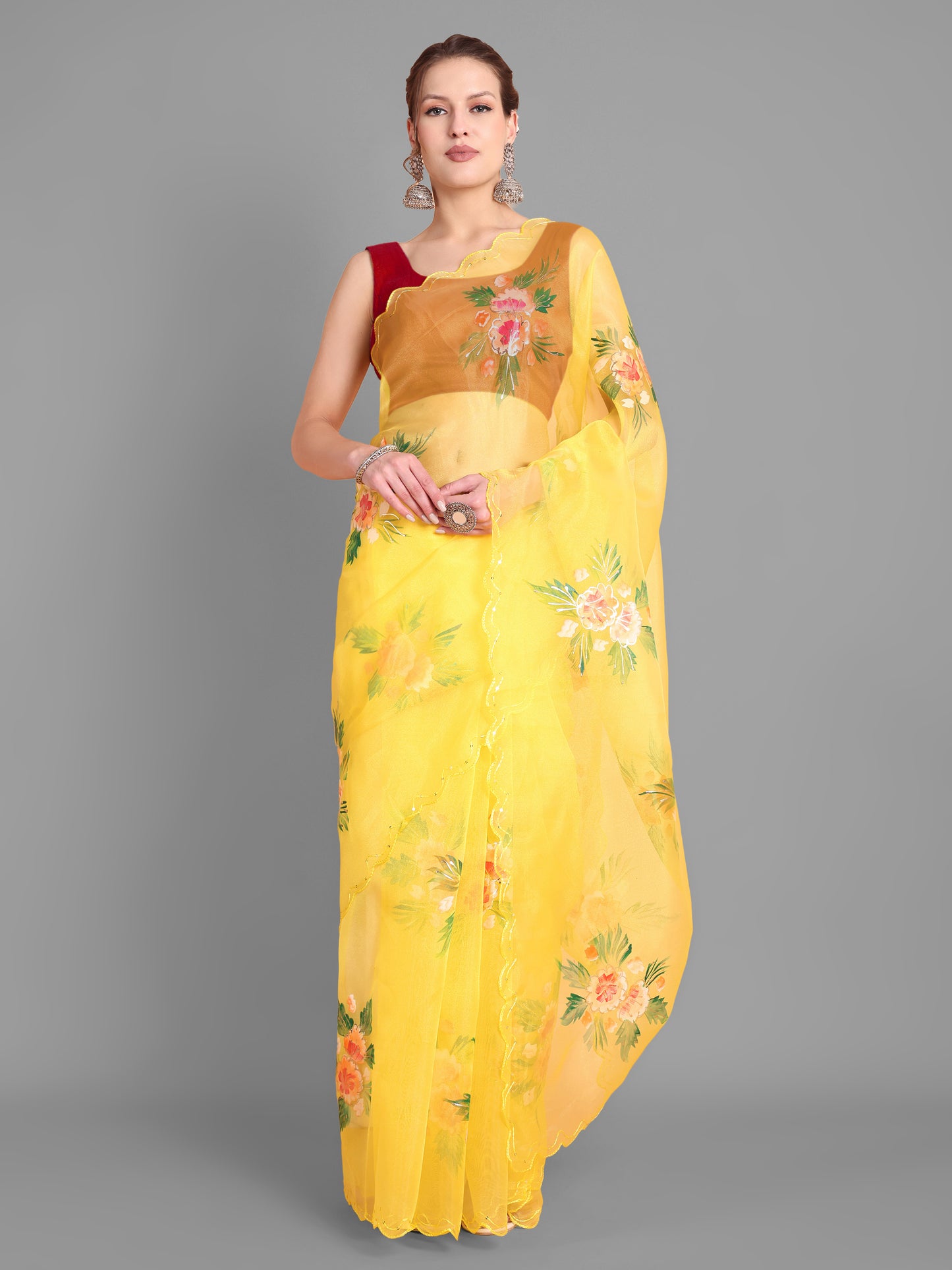 Yellow  Handpainted Organza Saree