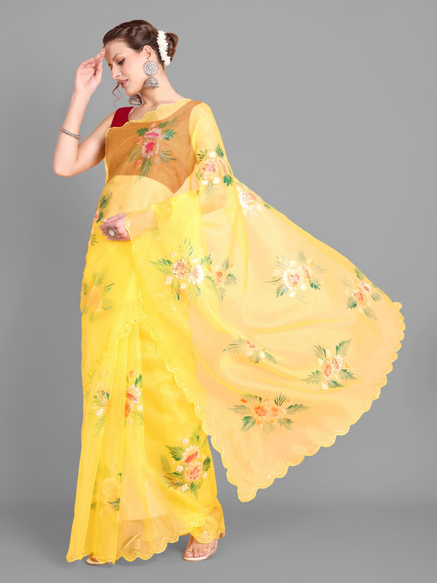 Yellow  Handpainted Organza Saree