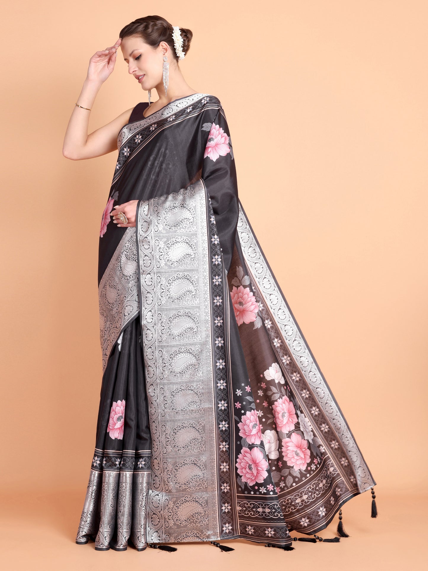 Black Pure soft tussur dola satin silk saree