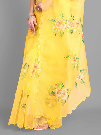 Yellow  Handpainted Organza Saree