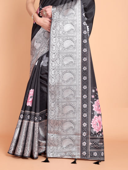 Black Pure soft tussur dola satin silk saree