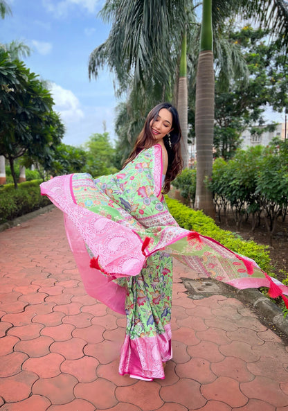 PINK PURE TUSSUR DOLA SATIN SILK SAREE WITH TRIANGLE PRINTS, WEAVING BORDER & TASSELS