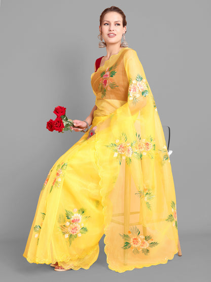 Yellow  Handpainted Organza Saree