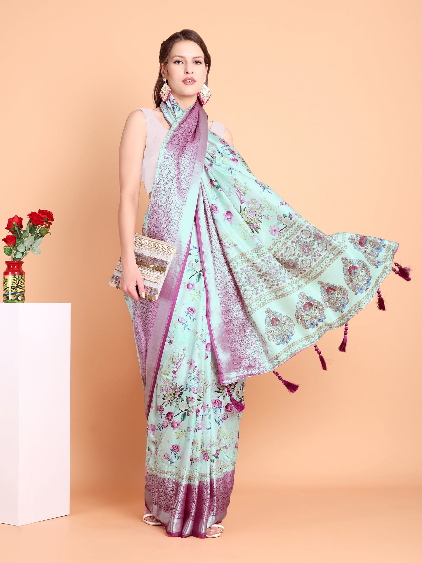 Pista  Pure soft tussur dola satin silk saree