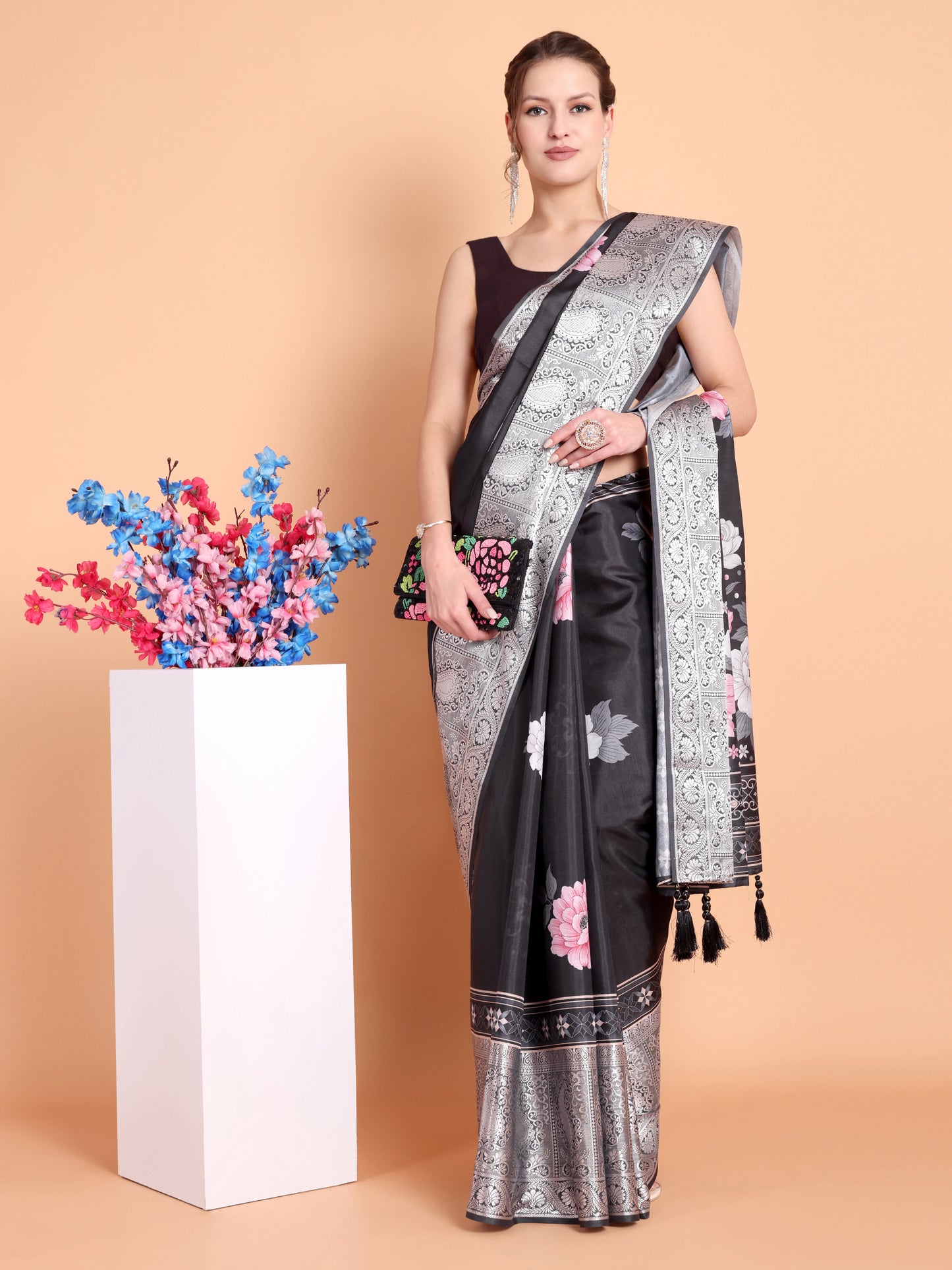 Black Pure soft tussur dola satin silk saree