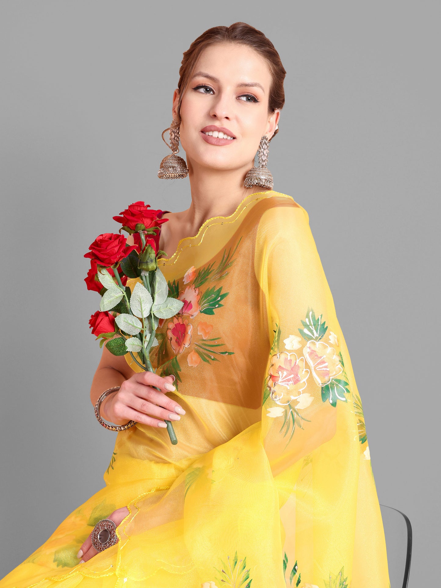 Yellow  Handpainted Organza Saree