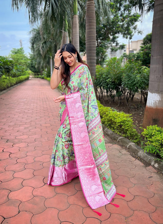 PINK PURE TUSSUR DOLA SATIN SILK SAREE WITH TRIANGLE PRINTS, WEAVING BORDER & TASSELS