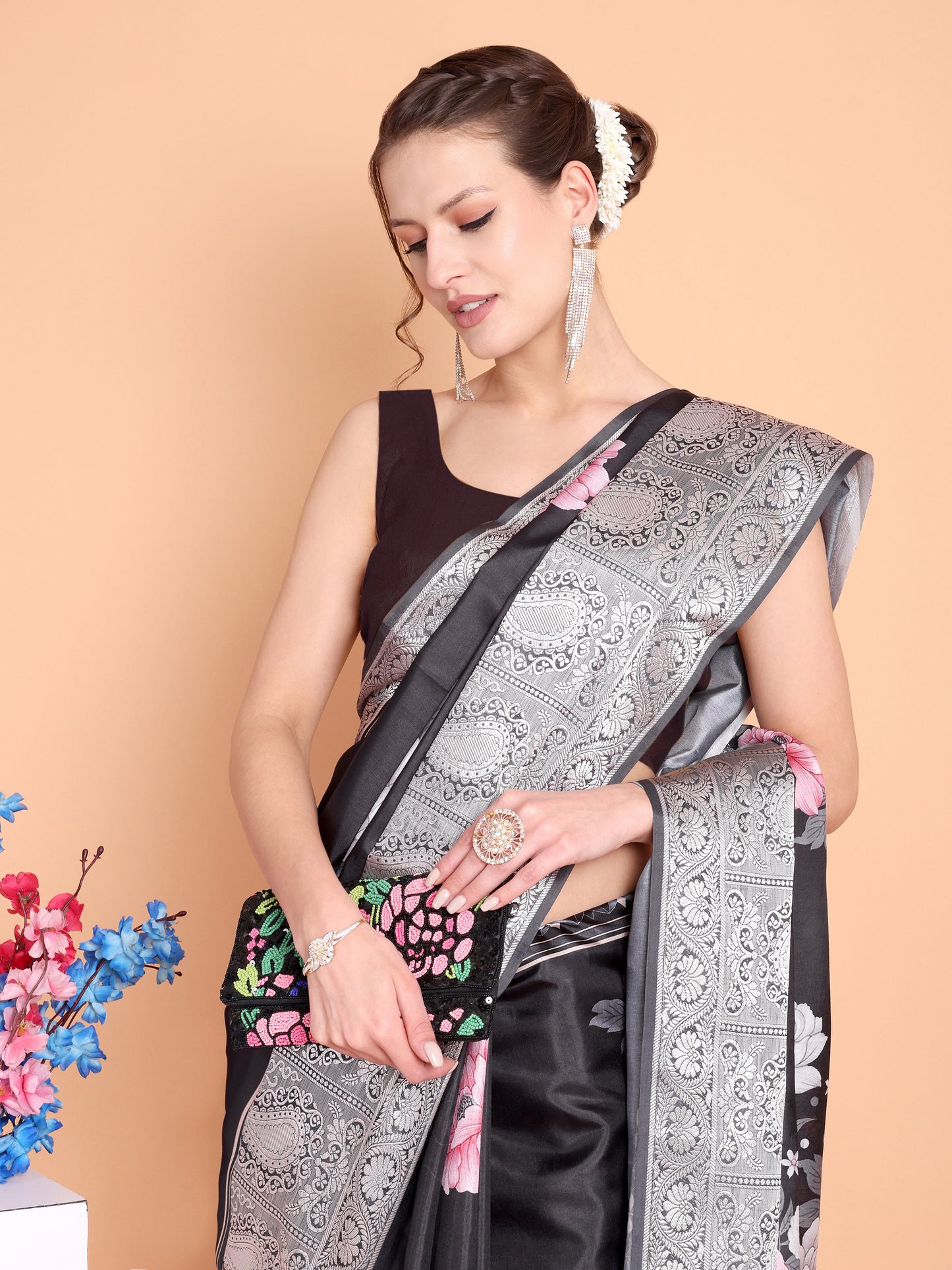 Black Pure soft tussur dola satin silk saree