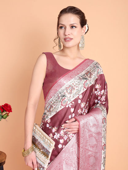 Maroon Pure soft tussur dola satin silk saree