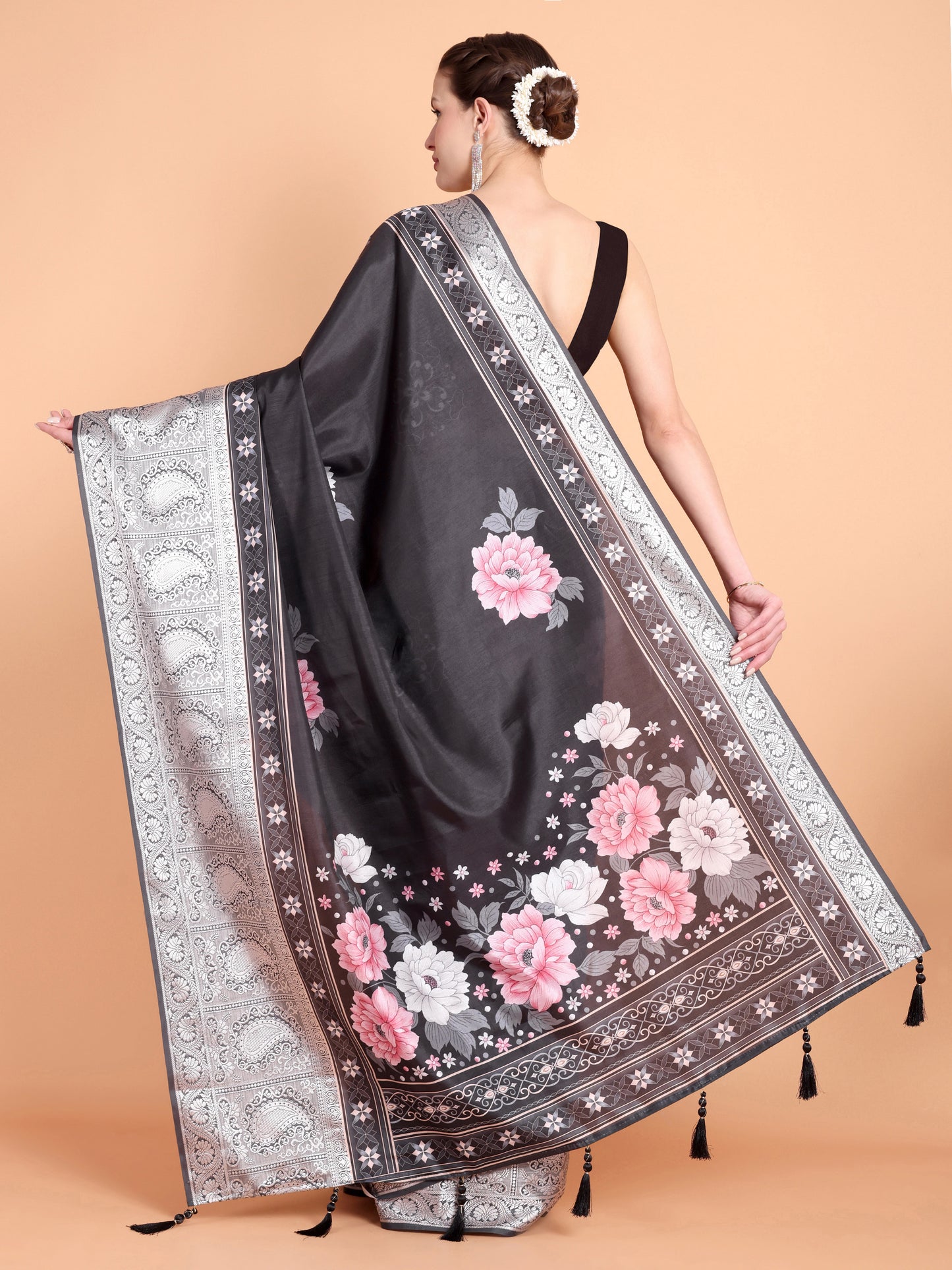 Black Pure soft tussur dola satin silk saree