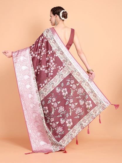 Maroon Pure soft tussur dola satin silk saree