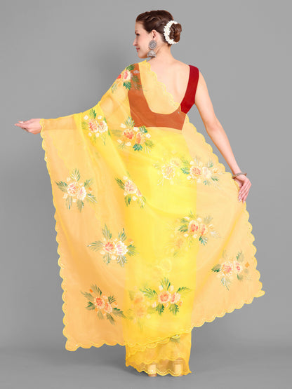 Yellow  Handpainted Organza Saree