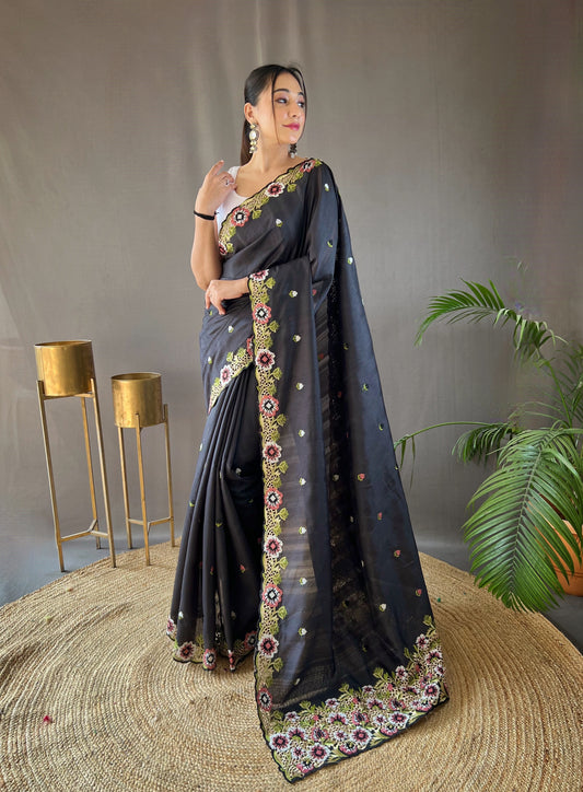 Black Pure Tussar silk saree with all over beautiful contrast