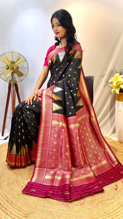 Black Kanchipuram sarees with a temple weaving border.