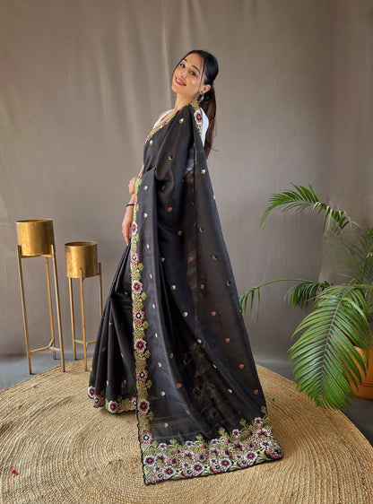 Black Pure Tussar silk saree with all over beautiful contrast