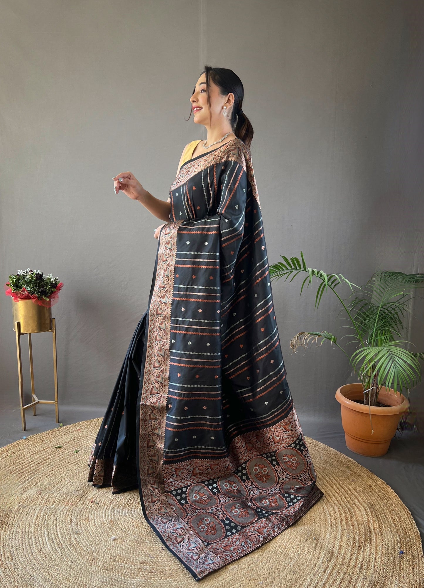 BLACK SILK SAREES WITH SILVER , COPPER AND ANTIQUE WEAVING USED.