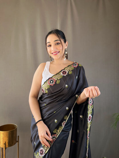 Black Pure Tussar silk saree with all over beautiful contrast