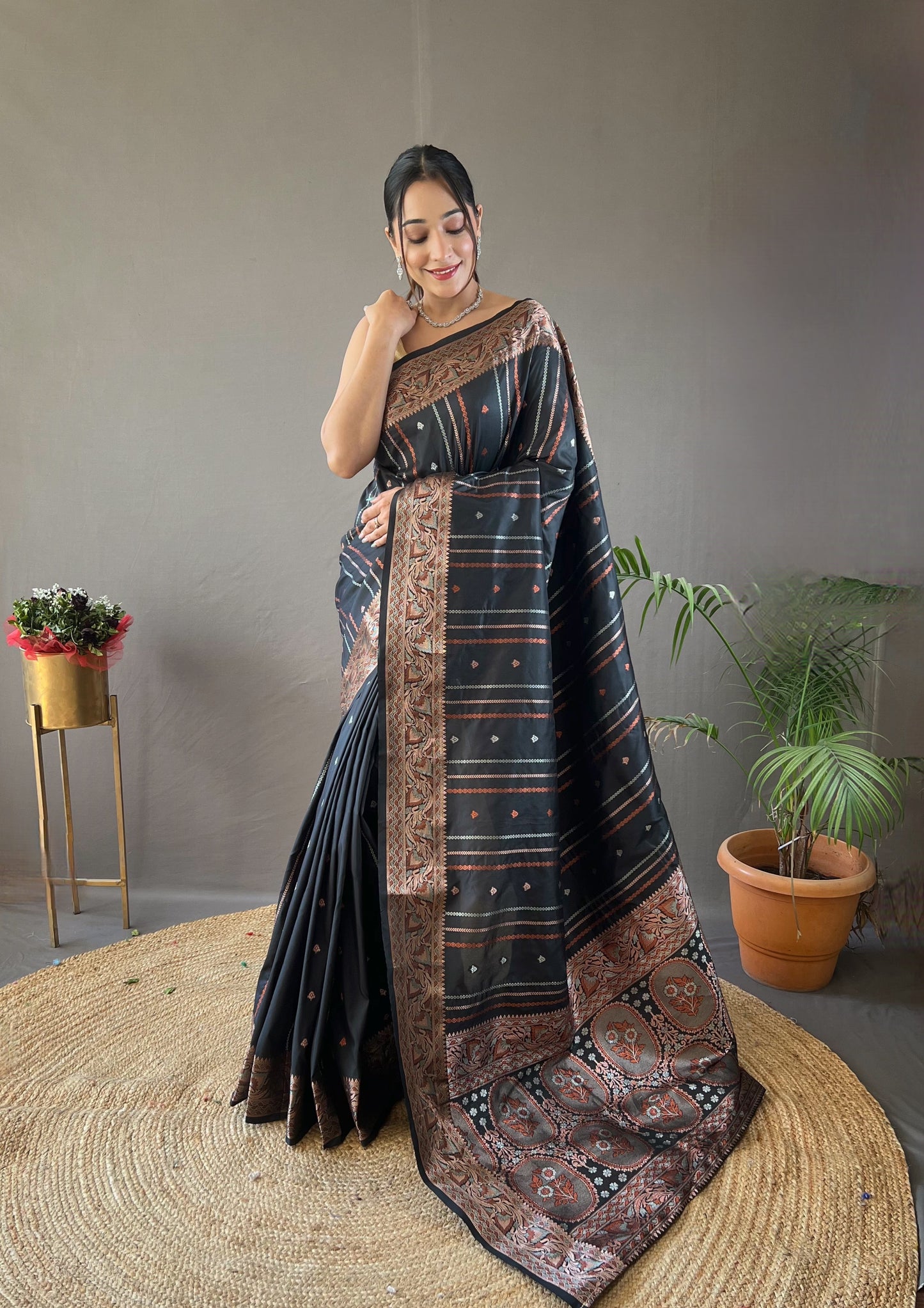 BLACK SILK SAREES WITH SILVER , COPPER AND ANTIQUE WEAVING USED.