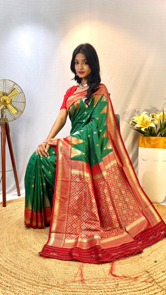 Bottel Green Kanchipuram sarees with a temple weaving border.