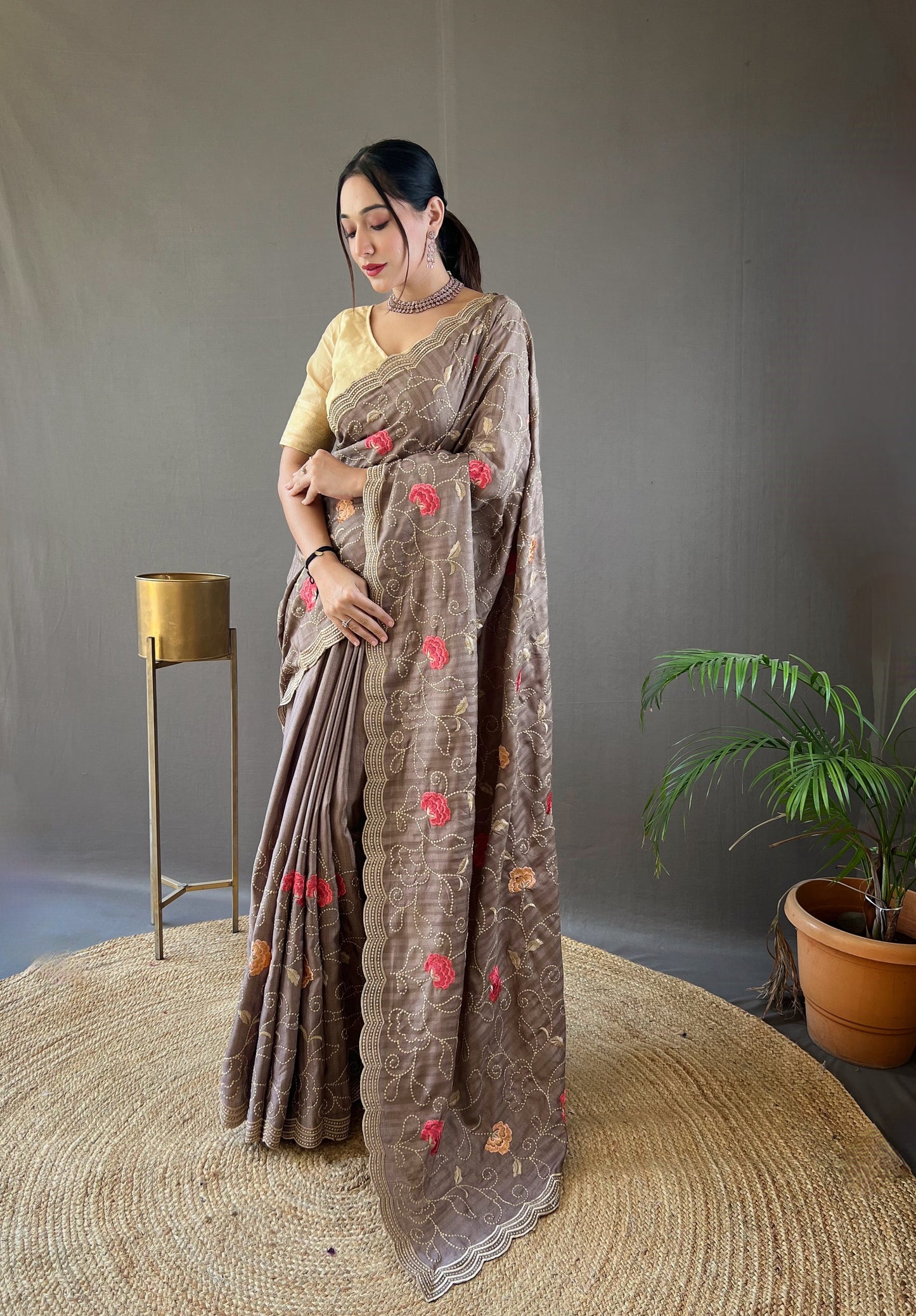 Brown Pure tussar silk sarees with embroidery jaal