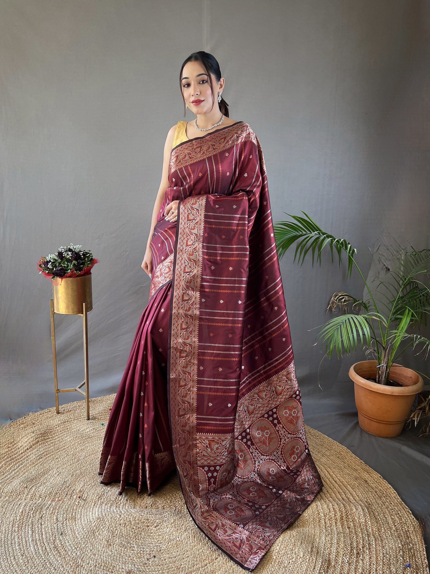 BROWN  SILK SAREES WITH SILVER , COPPER AND ANTIQUE WEAVING USED.