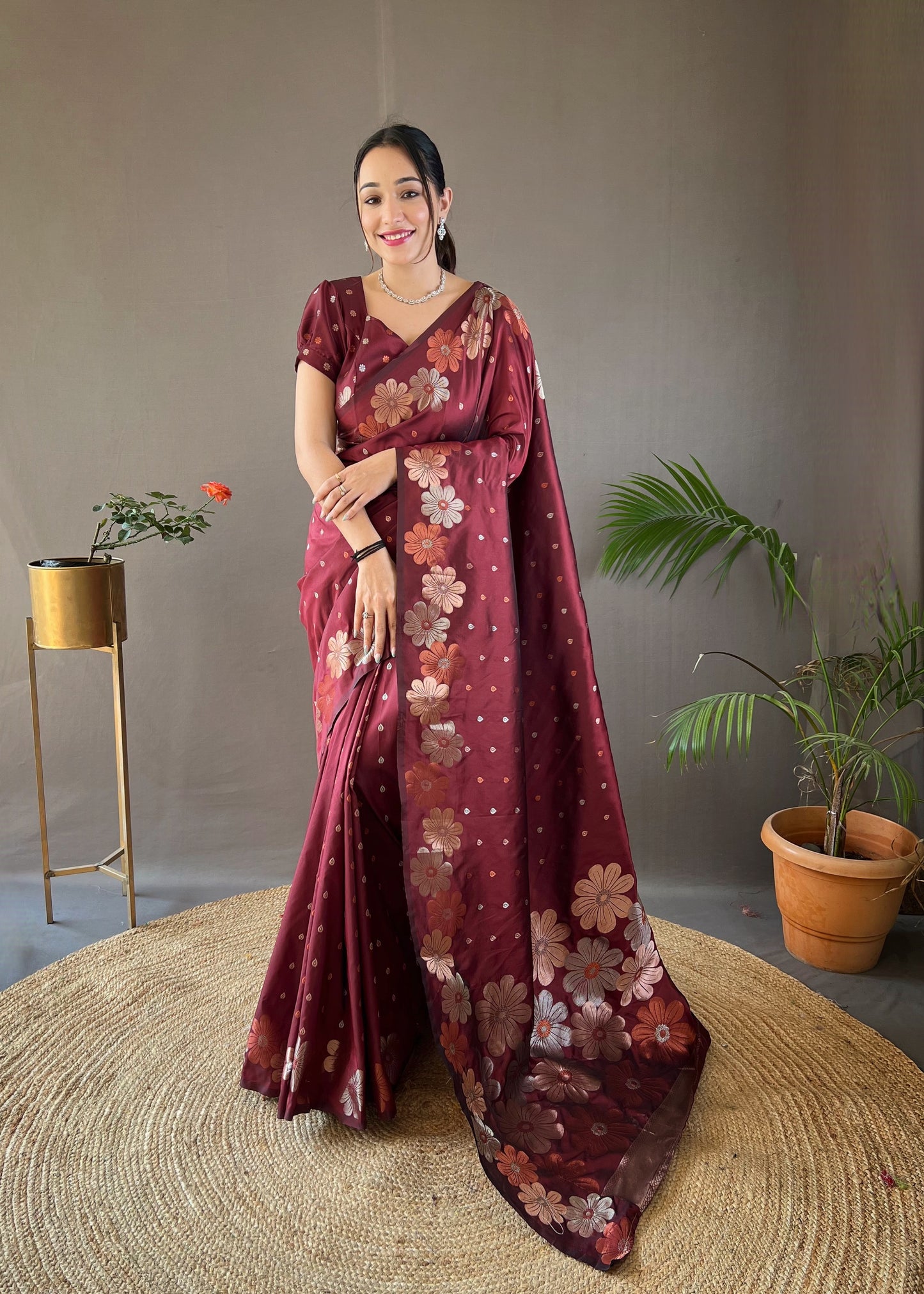 Brown Pure soft silk saree