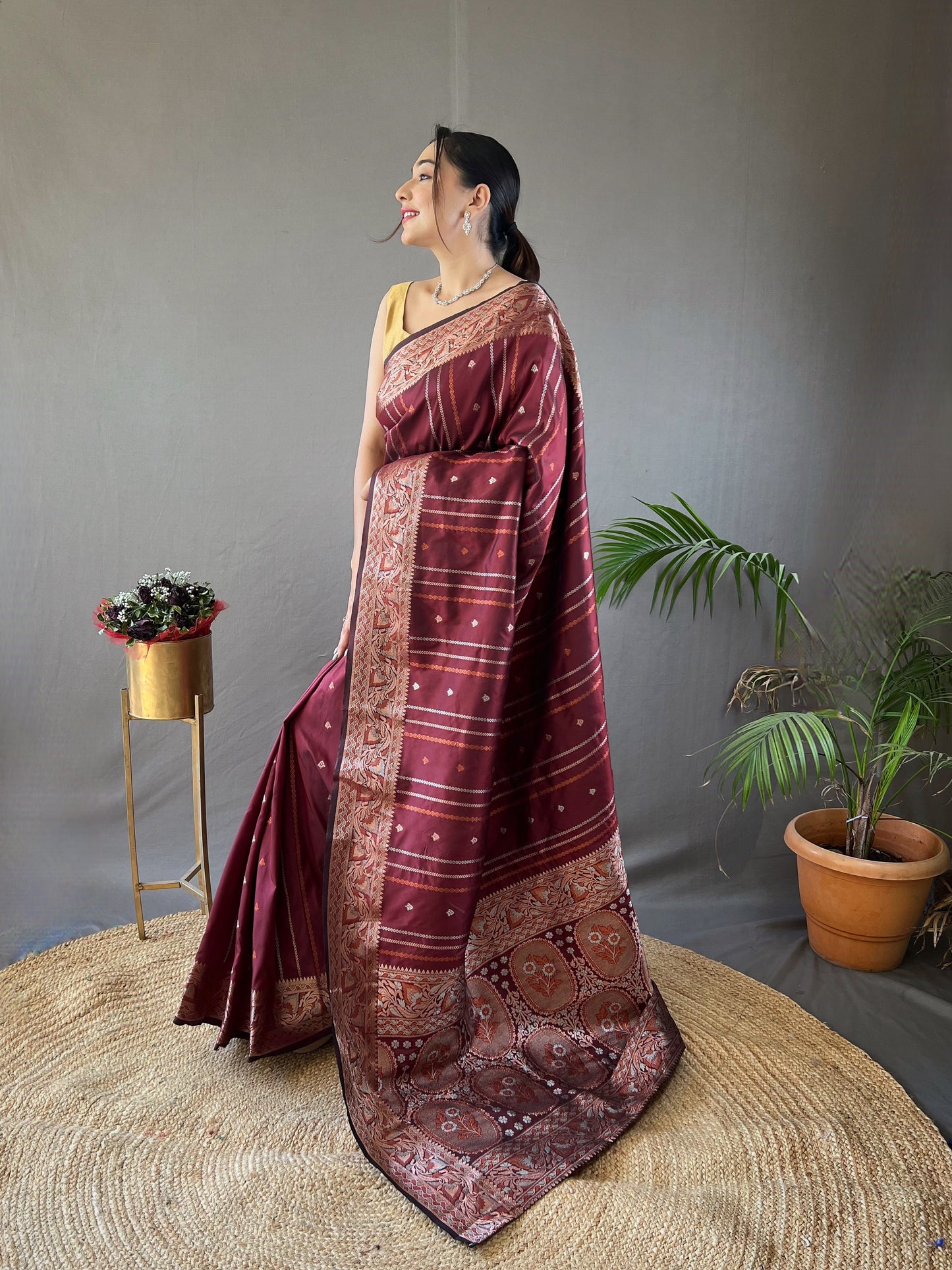 BROWN  SILK SAREES WITH SILVER , COPPER AND ANTIQUE WEAVING USED.