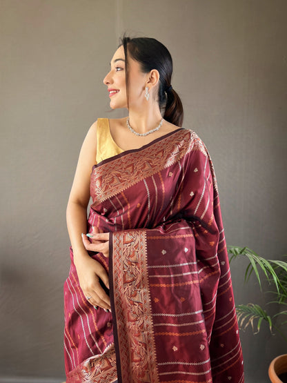 BROWN  SILK SAREES WITH SILVER , COPPER AND ANTIQUE WEAVING USED.