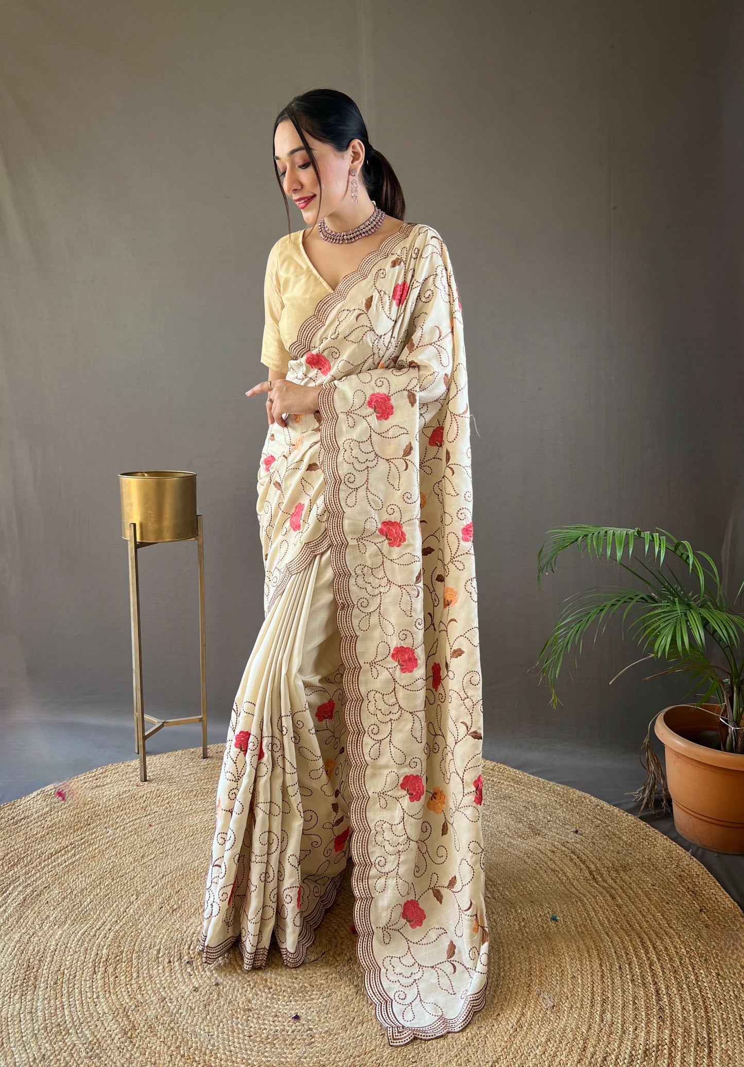 Cream Pure tussar silk sarees with embroidery jaal