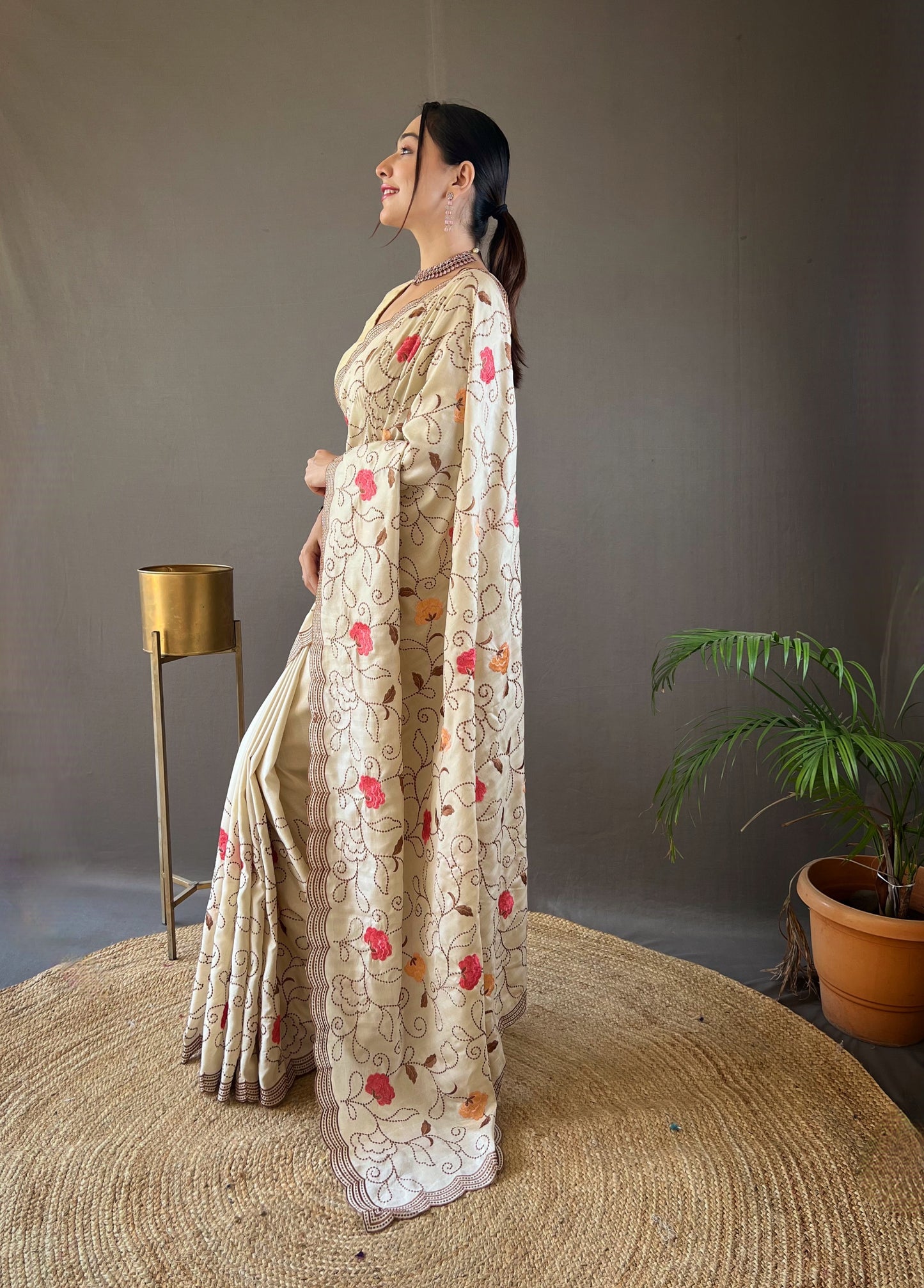 Cream Pure tussar silk sarees with embroidery jaal