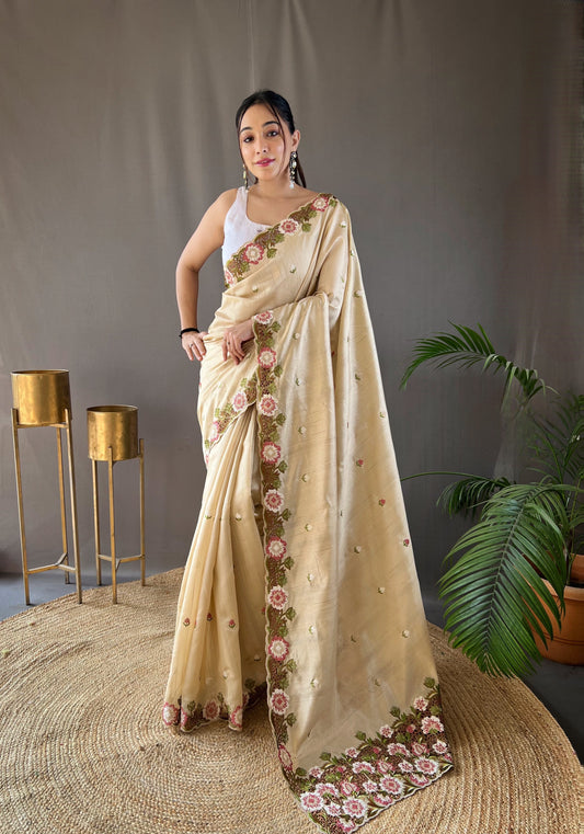 Creem Pure Tussar silk saree with all over beautiful contrast