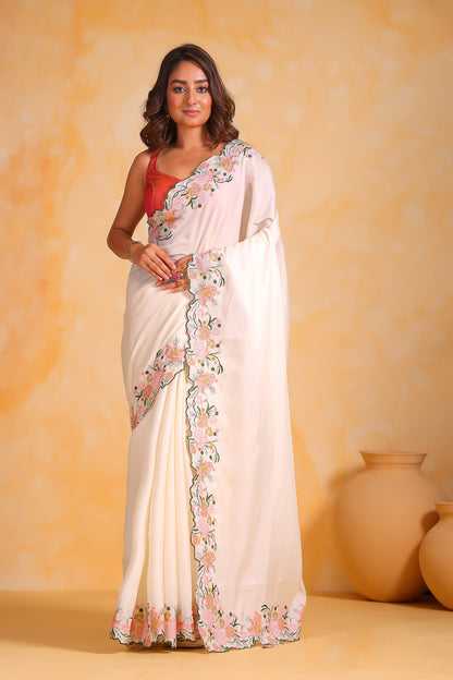 WHITE Pure Tussar silk saree