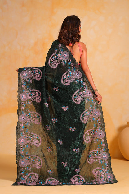 Green Pure Korean simmer silk saree