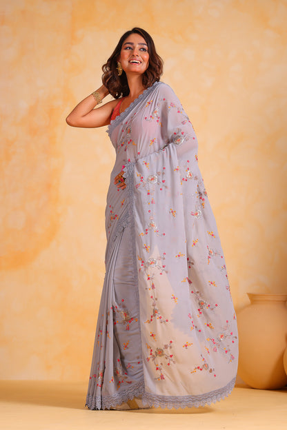 Grey Pure Georgett saree