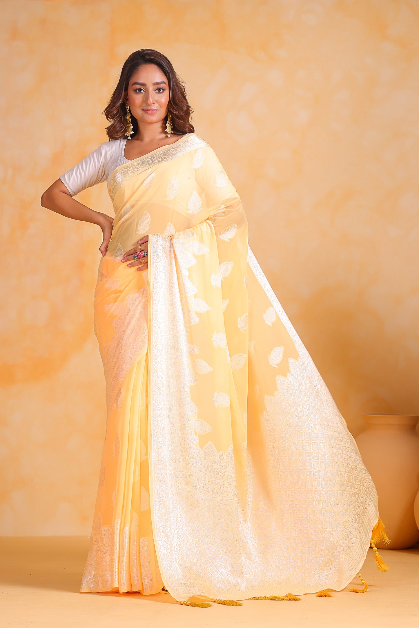 Yellow  Pure weaving georgett silk saree