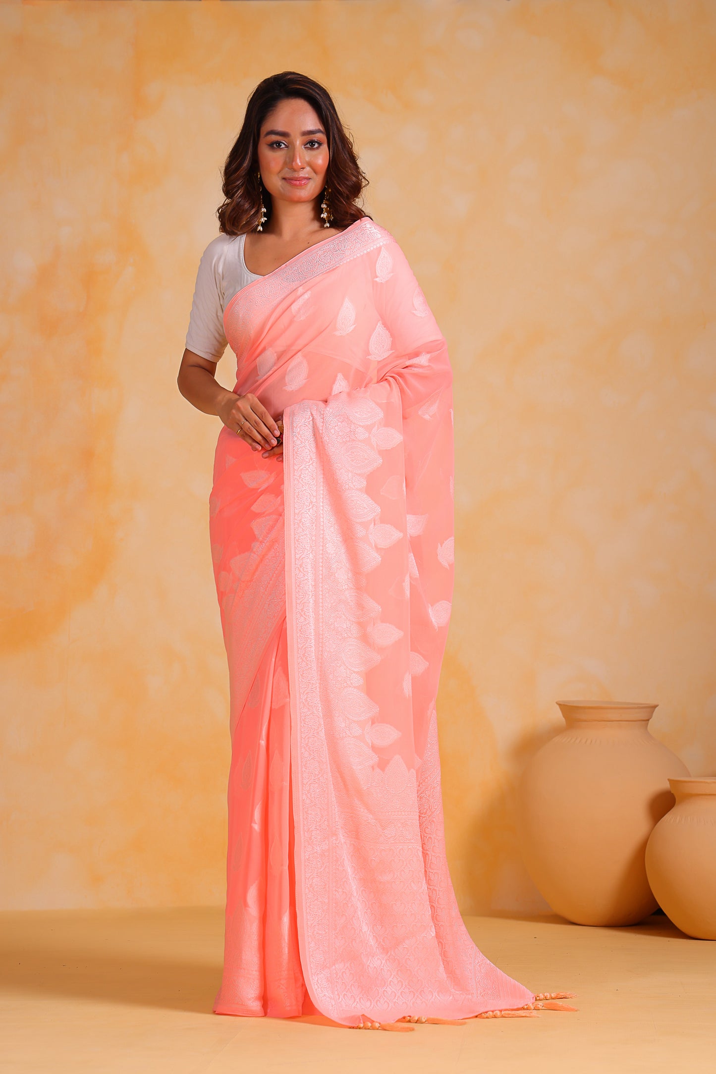 Peach Pure weaving georgett silk saree