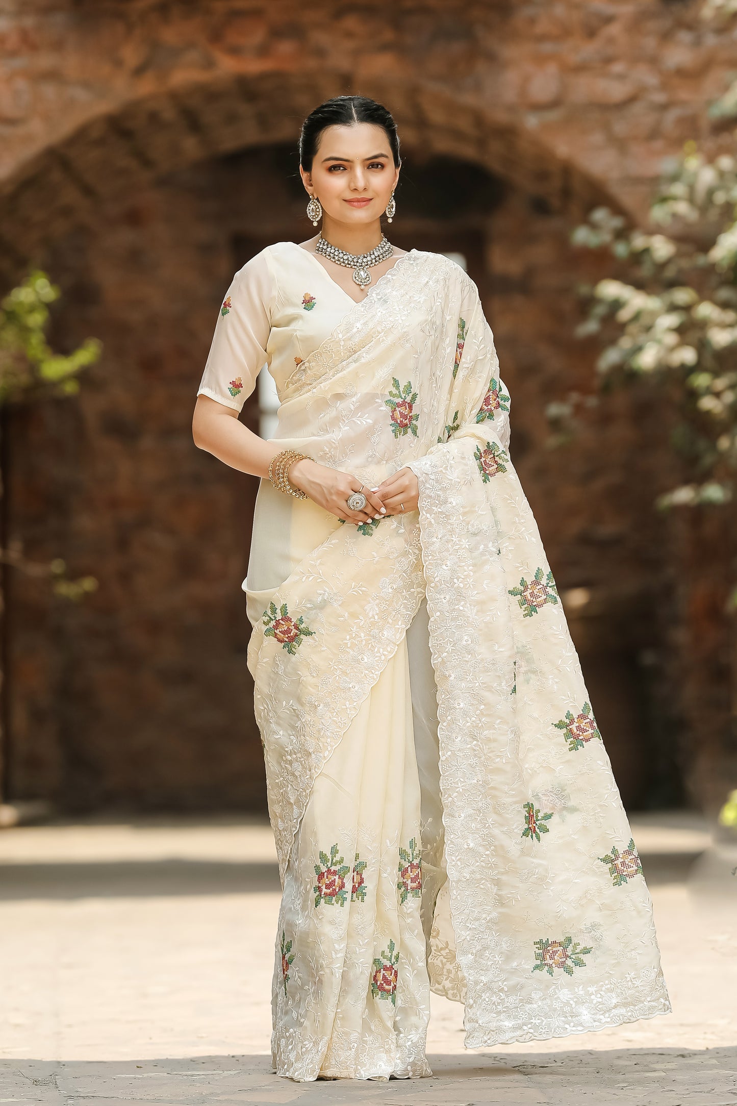 Cream Pure shiny zari chiffon saree