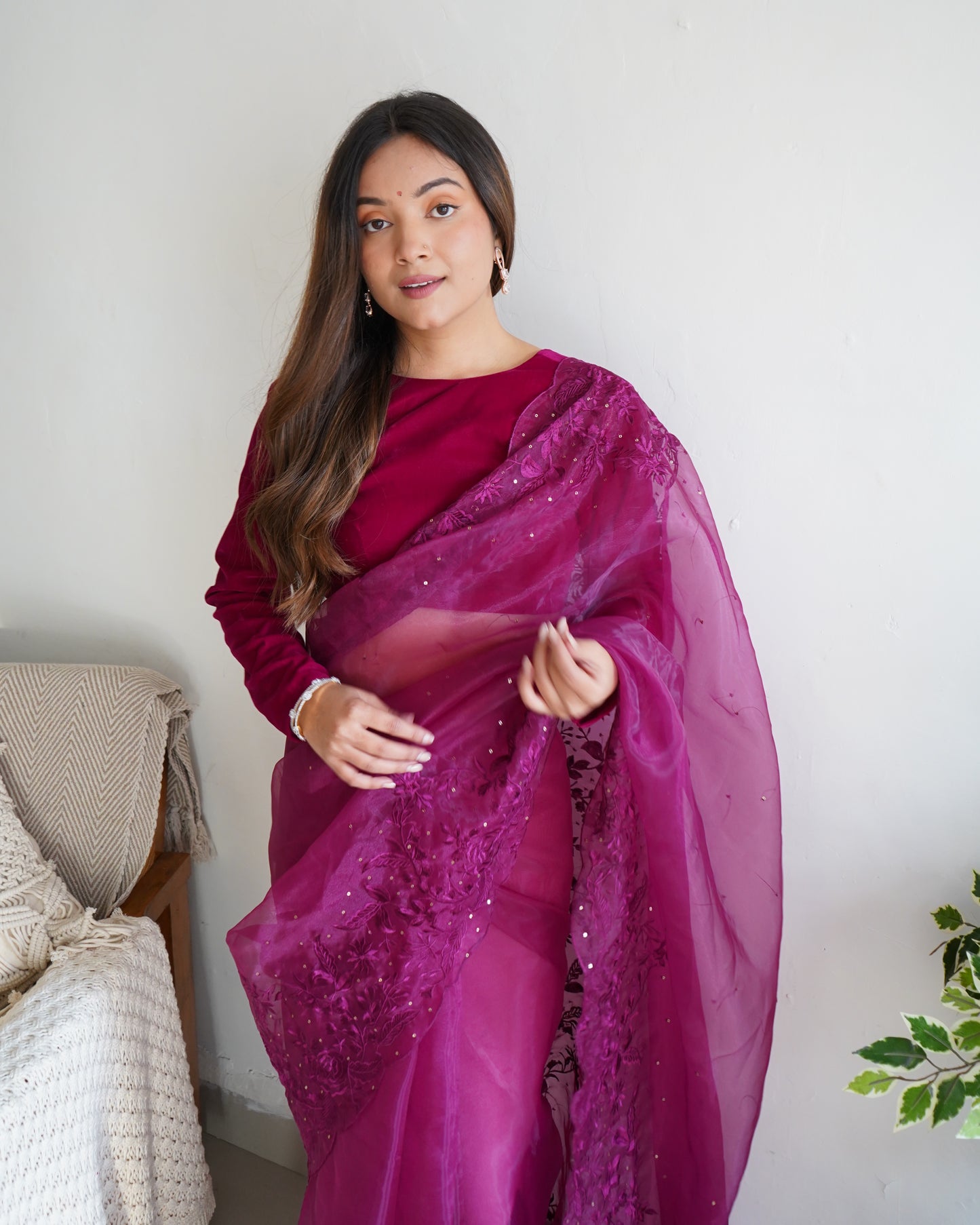 PURPLE SOFT PURE ORGANZA SAREE WITH VISCOSE THREAD EMBROIDERY & SEQUINS WORK