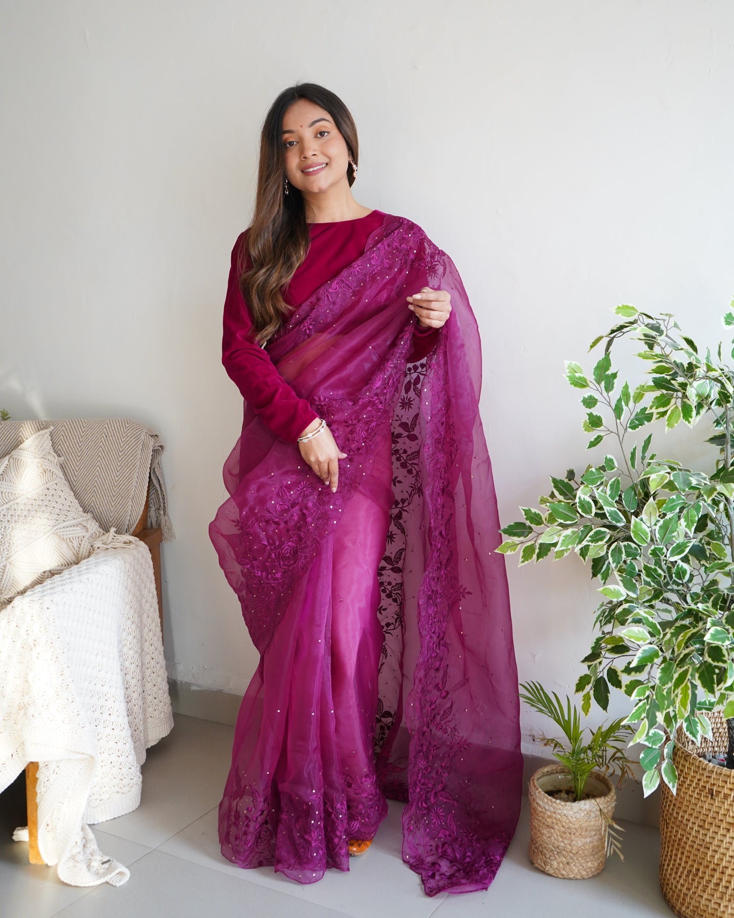 PURPLE SOFT PURE ORGANZA SAREE WITH VISCOSE THREAD EMBROIDERY & SEQUINS WORK