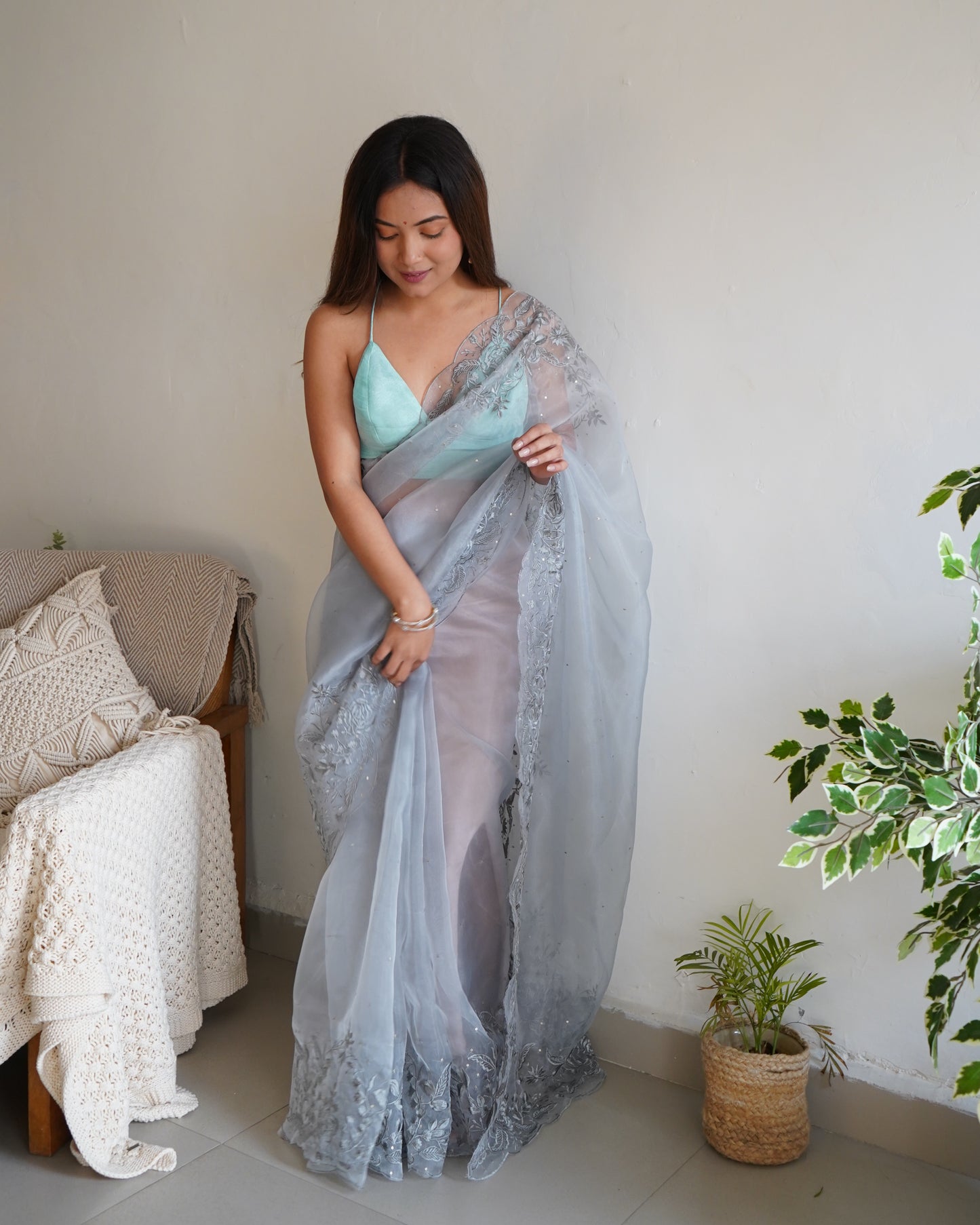 GREY SOFT PURE ORGANZA SAREE WITH VISCOSE THREAD EMBROIDERY & SEQUINS WORK