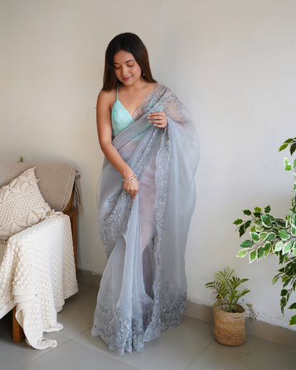 GREY SOFT PURE ORGANZA SAREE WITH VISCOSE THREAD EMBROIDERY & SEQUINS WORK