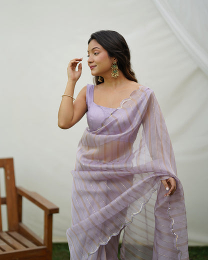 LAVENDER ELEGANT SEQUINS SAREE WITH GOLDEN WEAVING LINES & ARCO CUTWORK BORDER