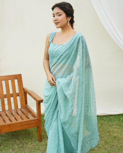 Sea Green uperb Soft RefineSd Fox Georget Silk Saree