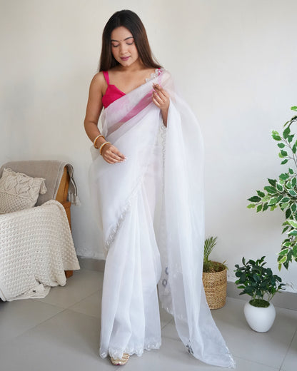 White PURE ORGANZA SILK SAREE