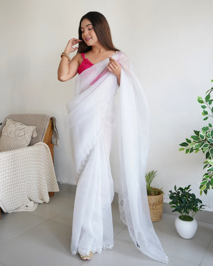 White PURE ORGANZA SILK SAREE