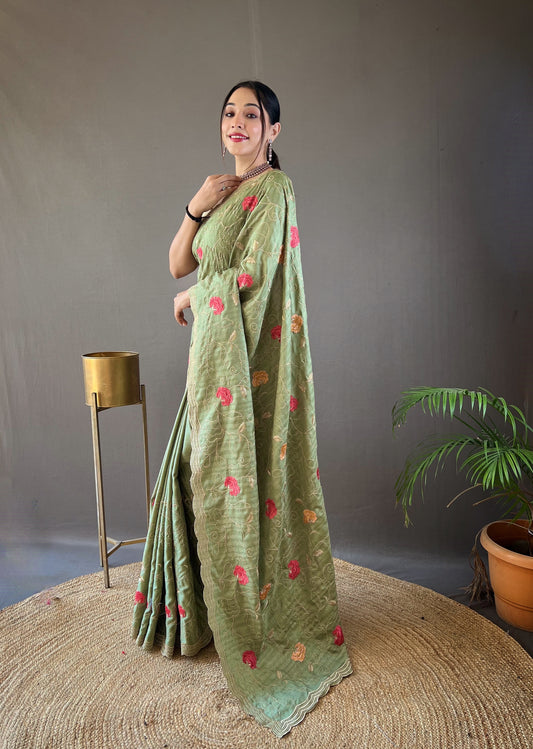 Green Pure tussar silk sarees with embroidery jaal