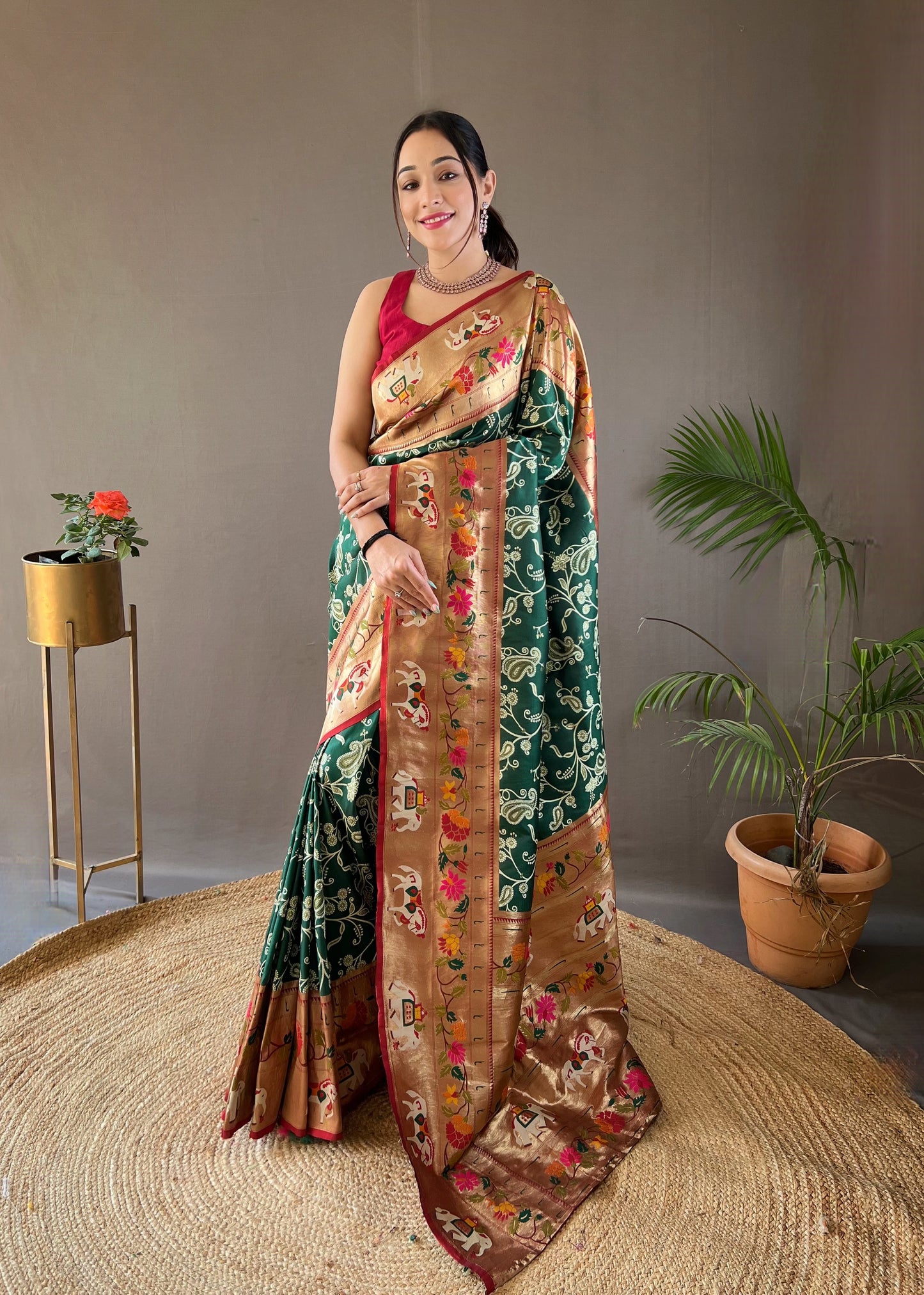 Green Beautiful Lucknowi Concept weaving saree