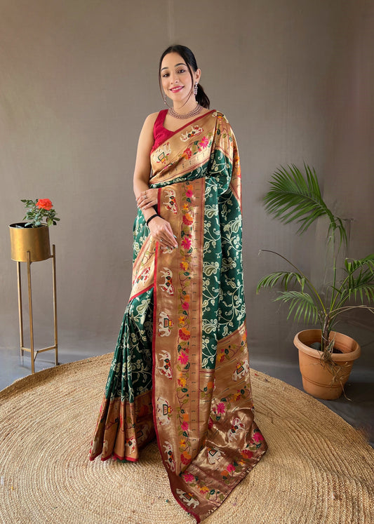 Green Beautiful Lucknowi Concept weaving saree