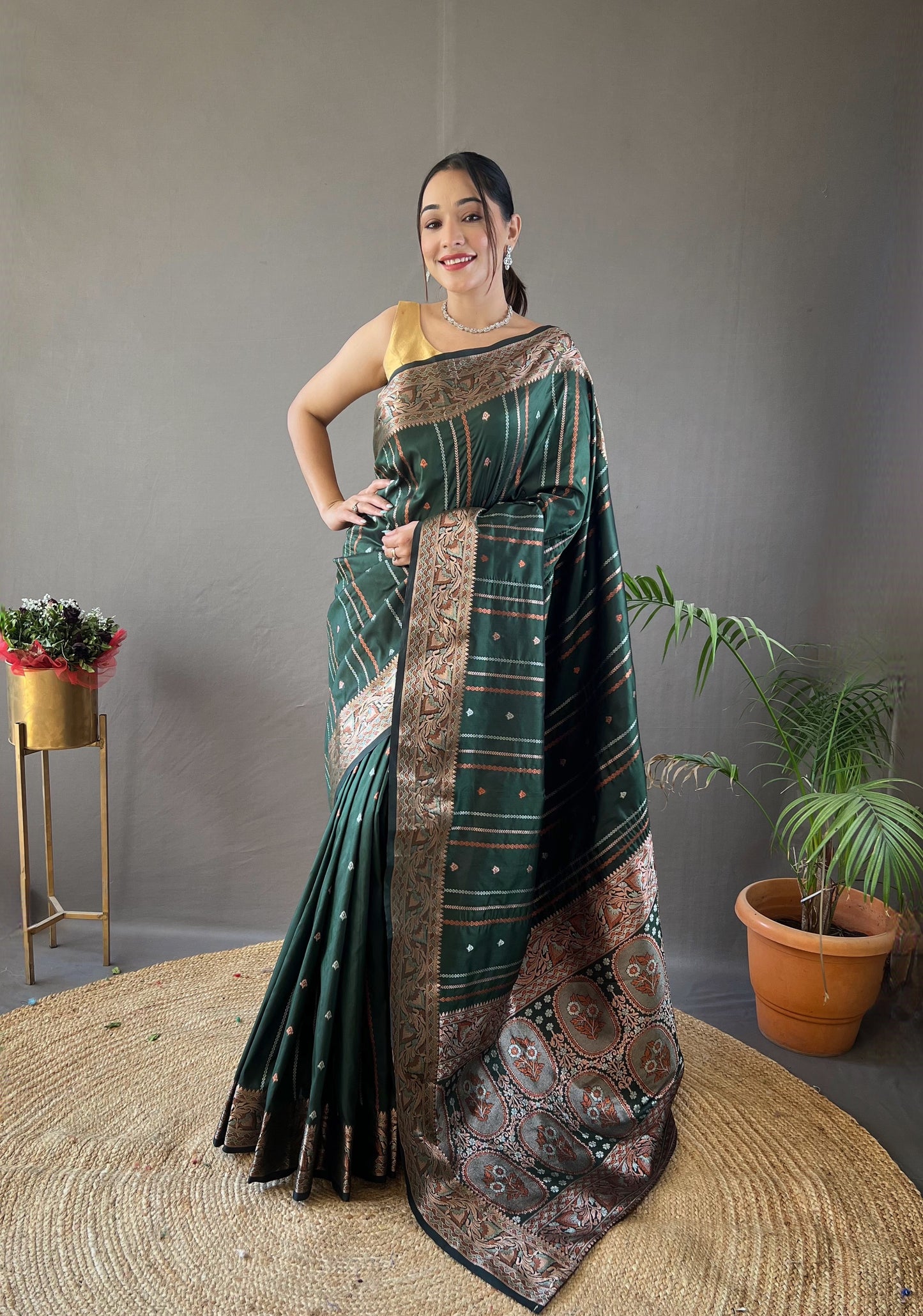 GREEN  SILK SAREES WITH SILVER , COPPER AND ANTIQUE WEAVING USED.