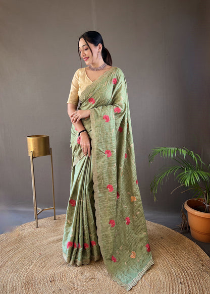 Green Pure tussar silk sarees with embroidery jaal